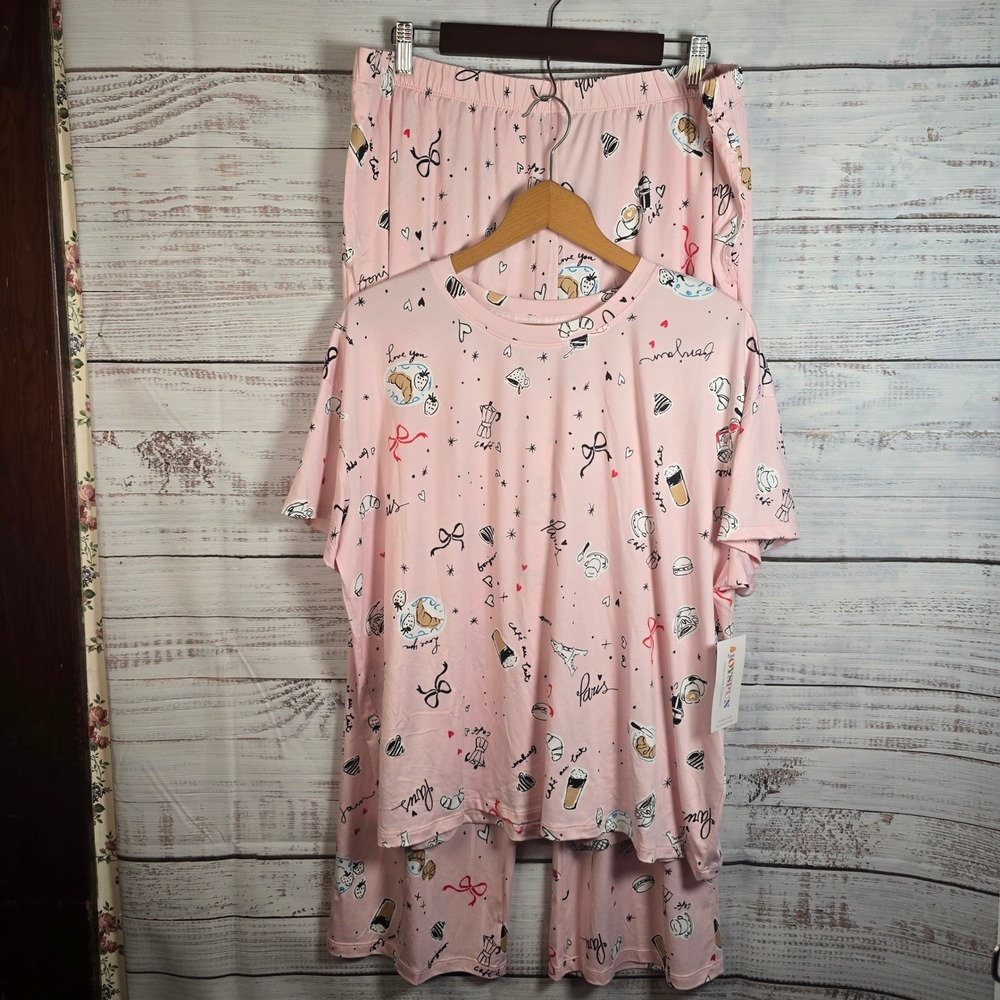 NWT Joyspun Dreamy Soft Pink Coffee Print Pajama Set XL 16-18